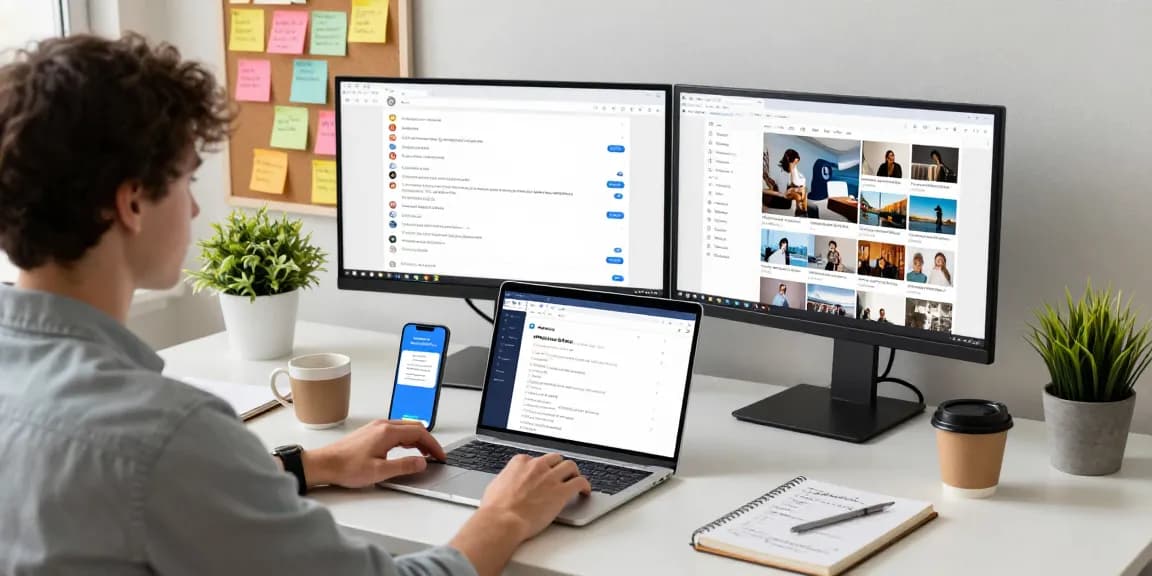 Using the Telegram Web Version in a modern workspace with colorful interfaces and tech accessories.