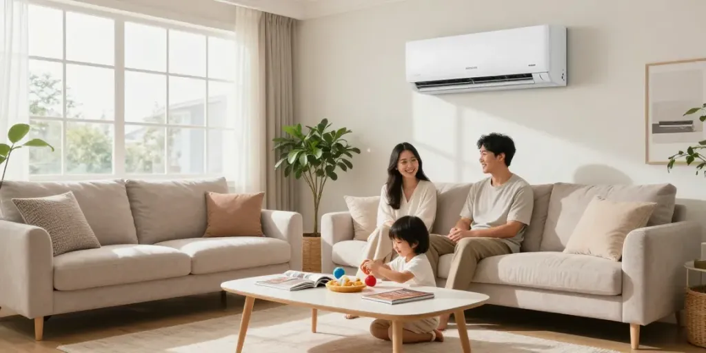 Family enjoying comfort provided by ductless ac in cozy living room.