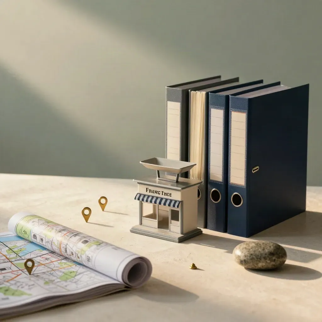 Franchise launch still life with binders, model storefront, maps, brass pins and stone paperweight.