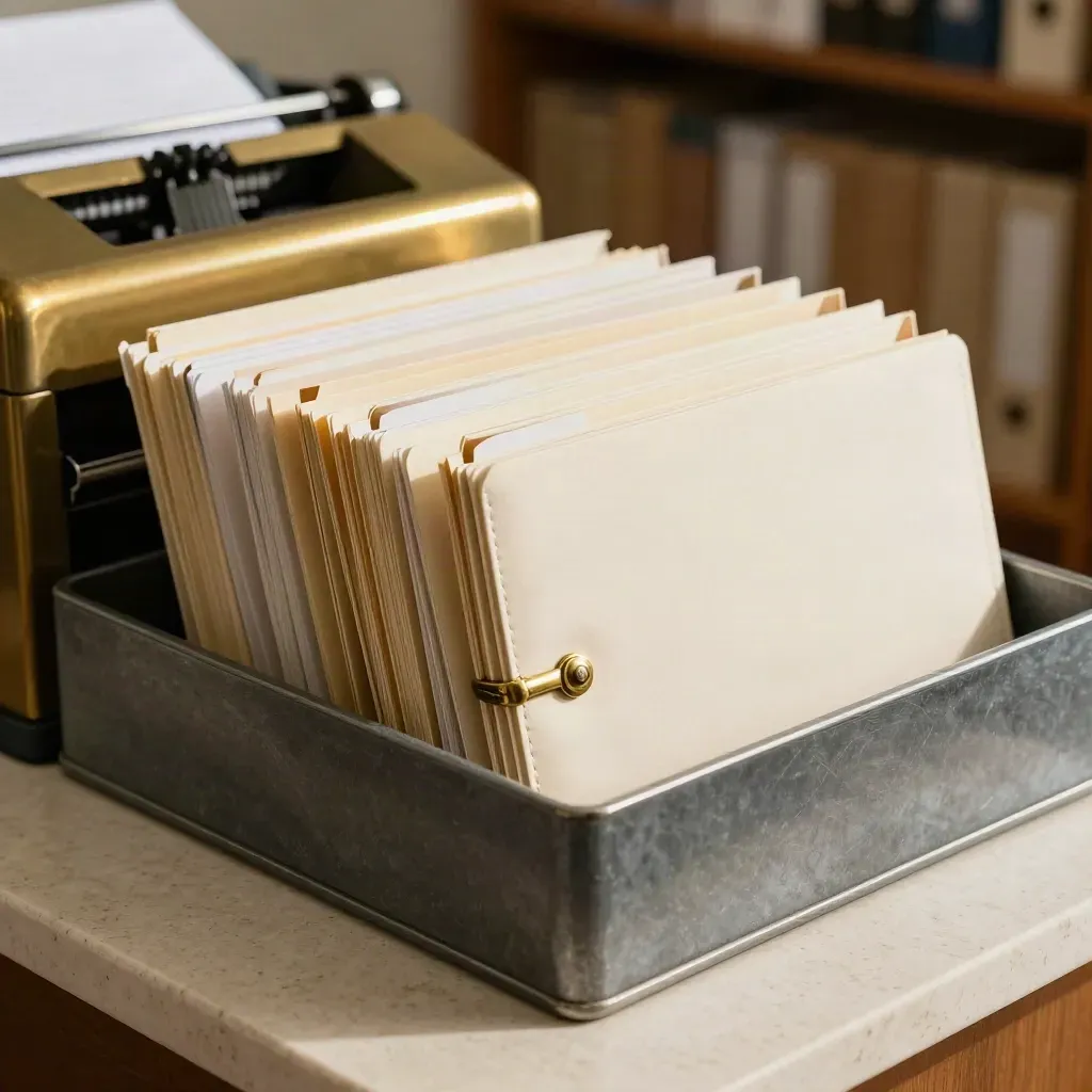 Legal folders and brass weight settling into a tray on travertine.