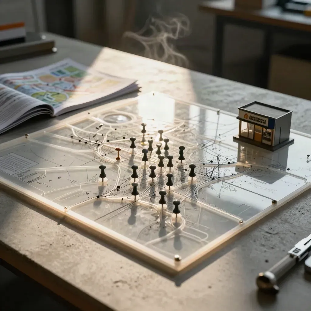 Layered territory planning board with acetate zones, pins, atlas and storefront model on concrete.