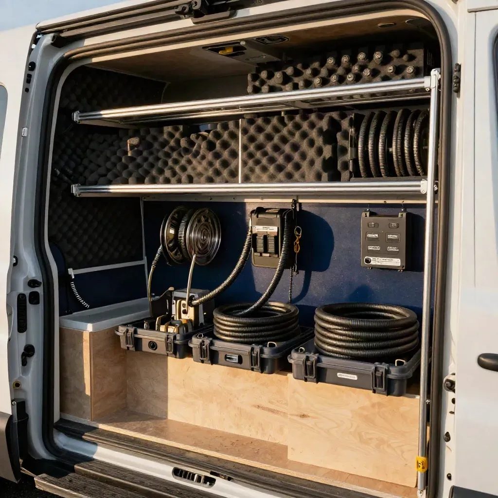 Open service van bay with foam tool inserts, chargers and coiled hoses in hard light.