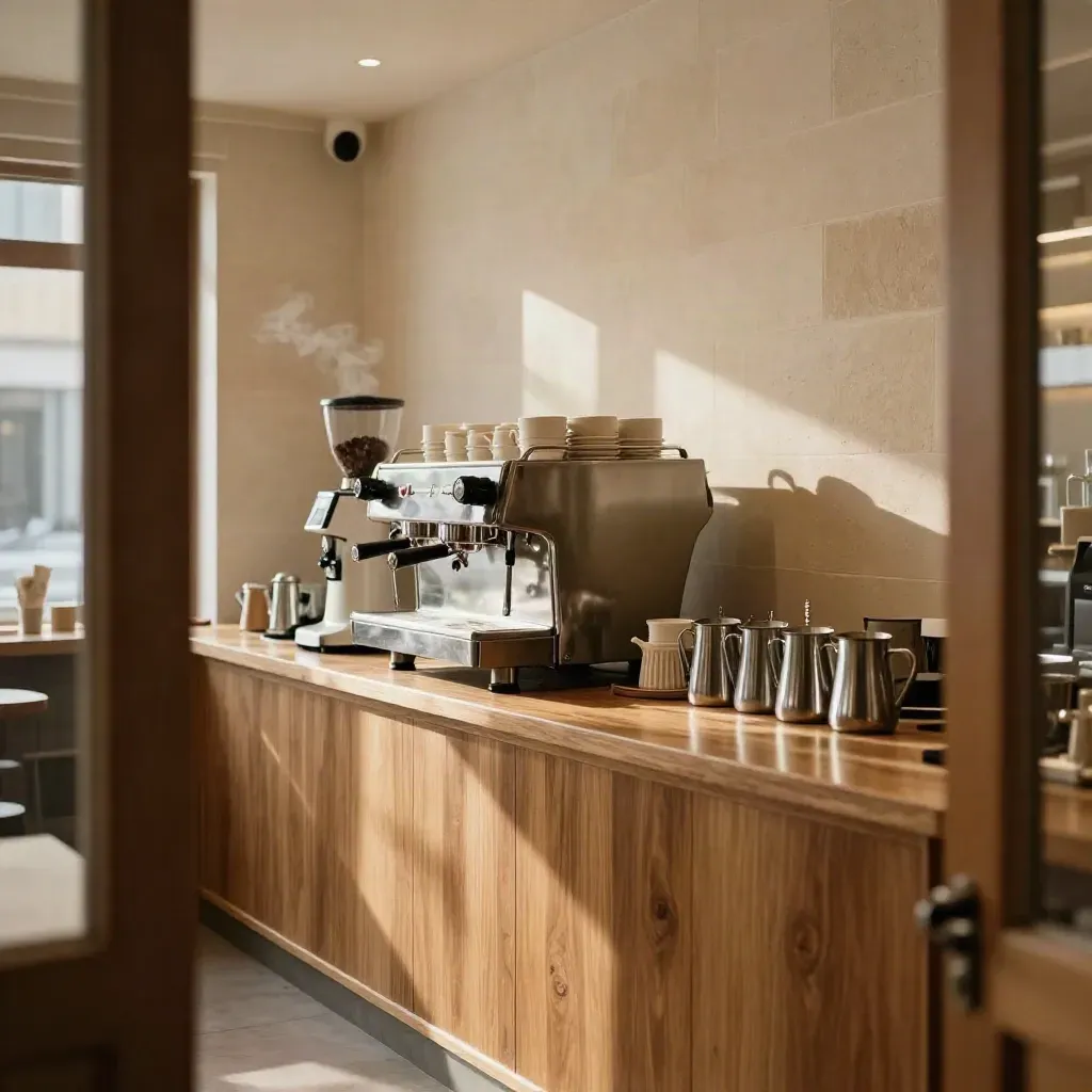 Finished espresso bar with machine, cups, grinder, and warm steam in natural light.