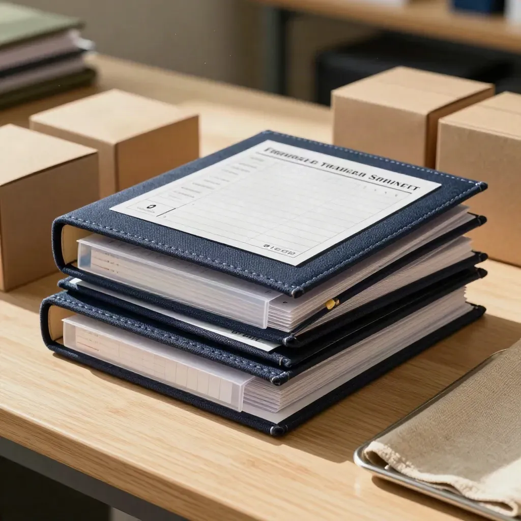Franchise training kit with binders, cue cards, tabs, and launch boxes on a workbench.