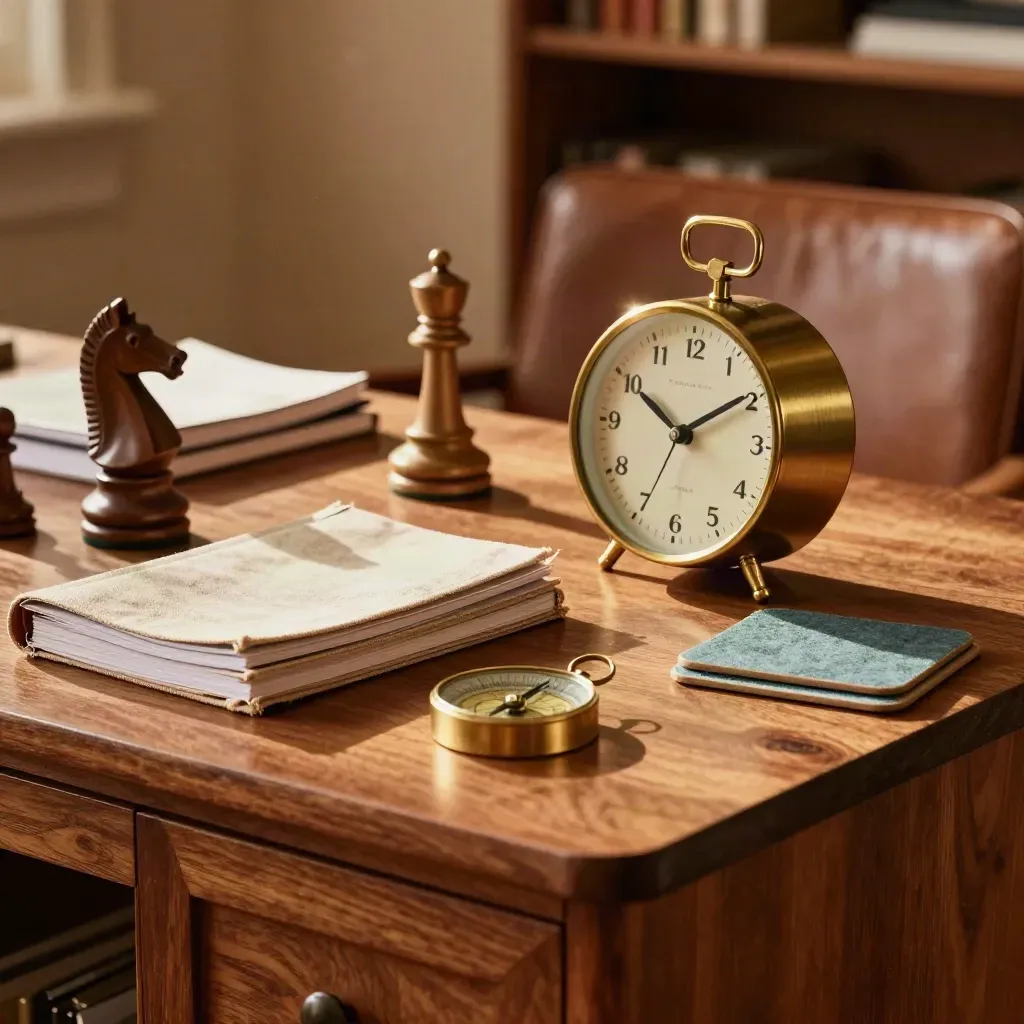Notebooks, brass clock, chess knight and compass in a warm coaching corner by afternoon light.