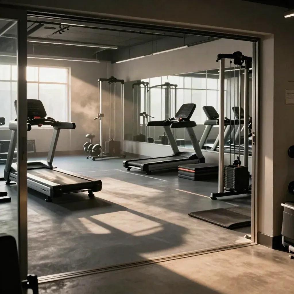 Empty fitness studio with spaced machines, mirrors and sunlit chalk dust
