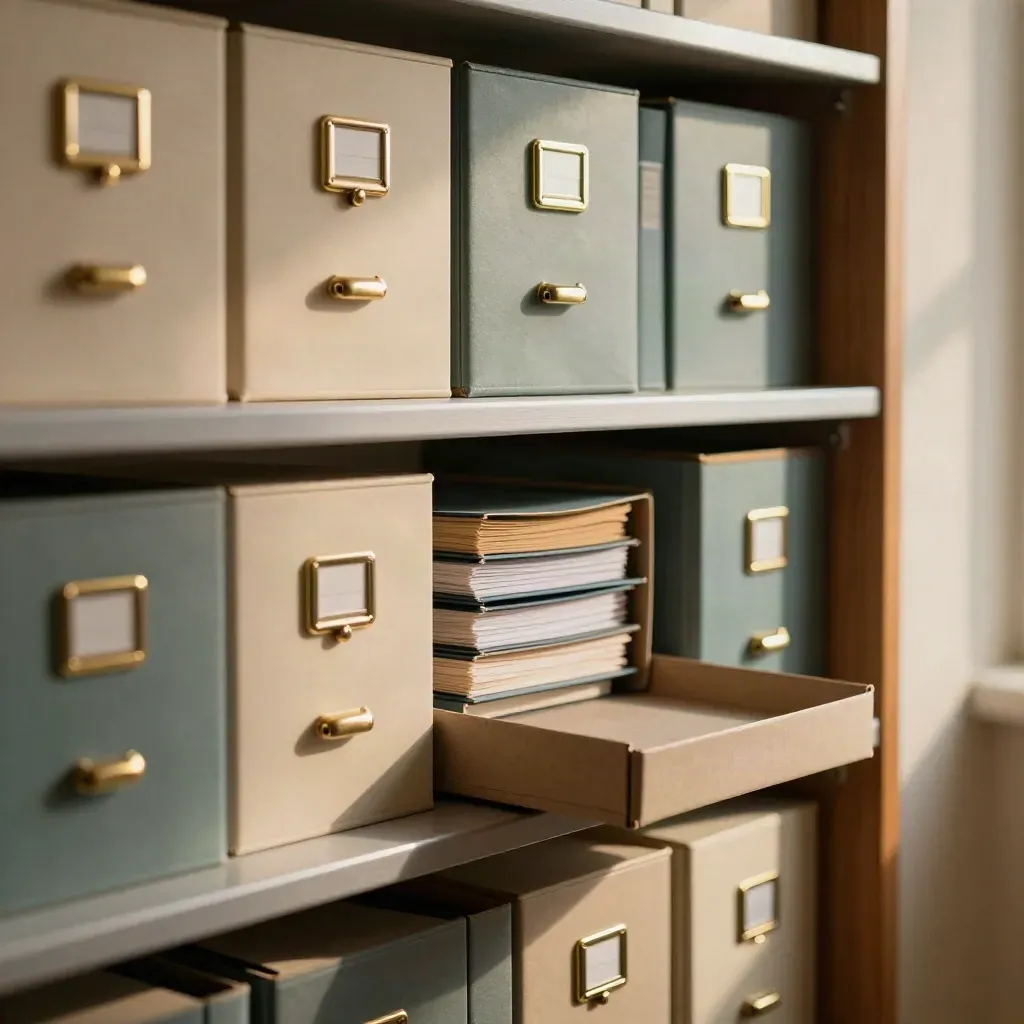 Macro of archive boxes, folders, brass latches and a document tray on a clean shelf.