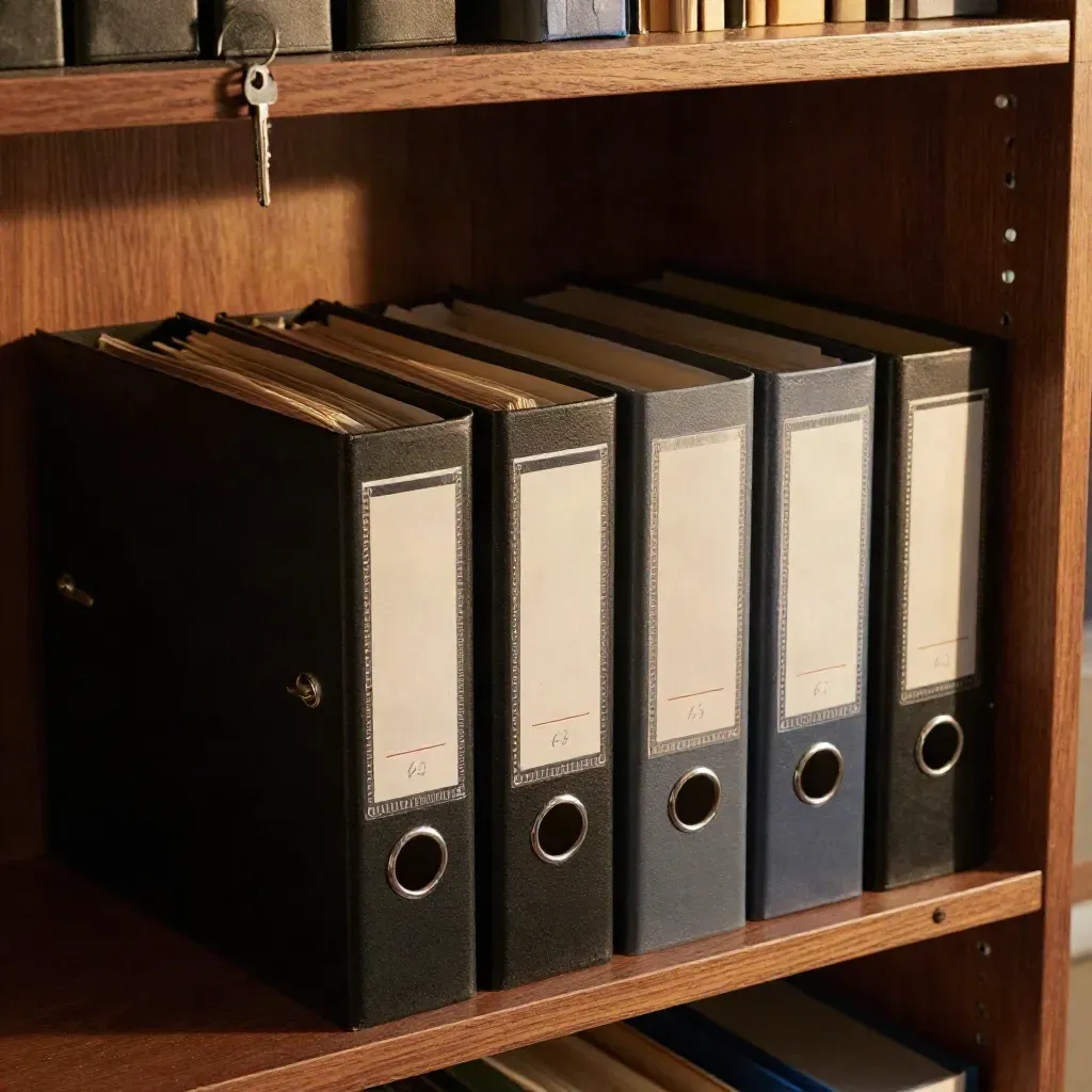 Modular binders, divider tabs and a black storage box on a walnut archive shelf.