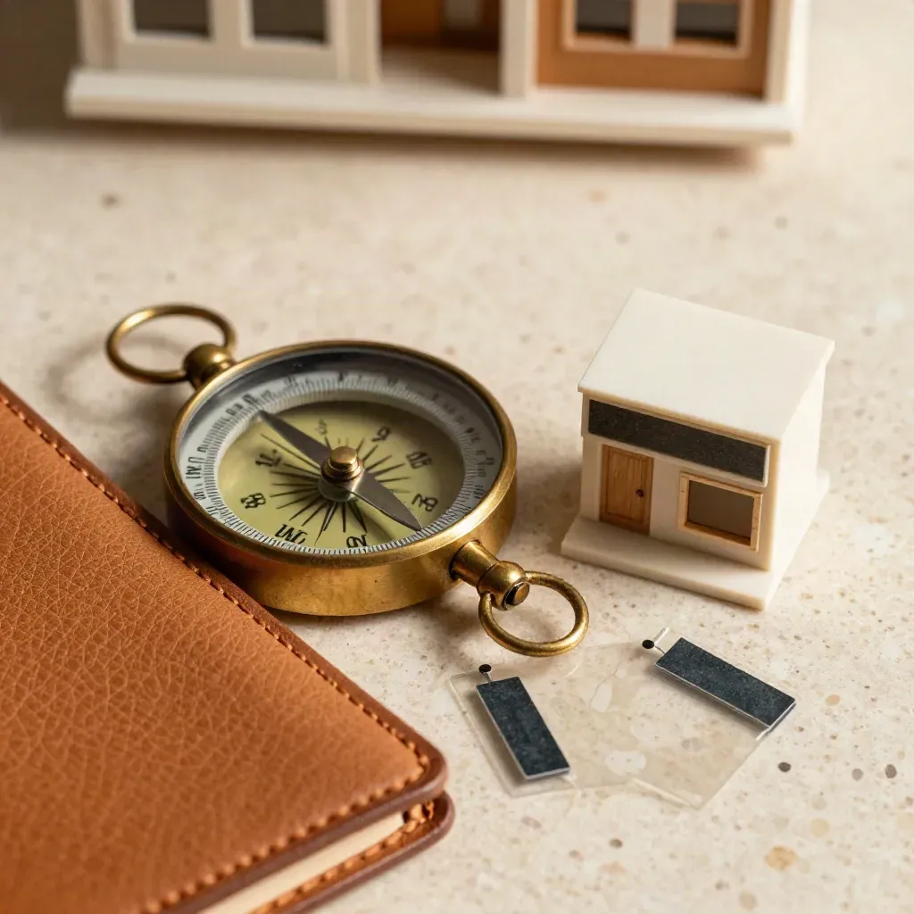 Macro of a brass compass, leather portfolio corner and storefront model on travertine.