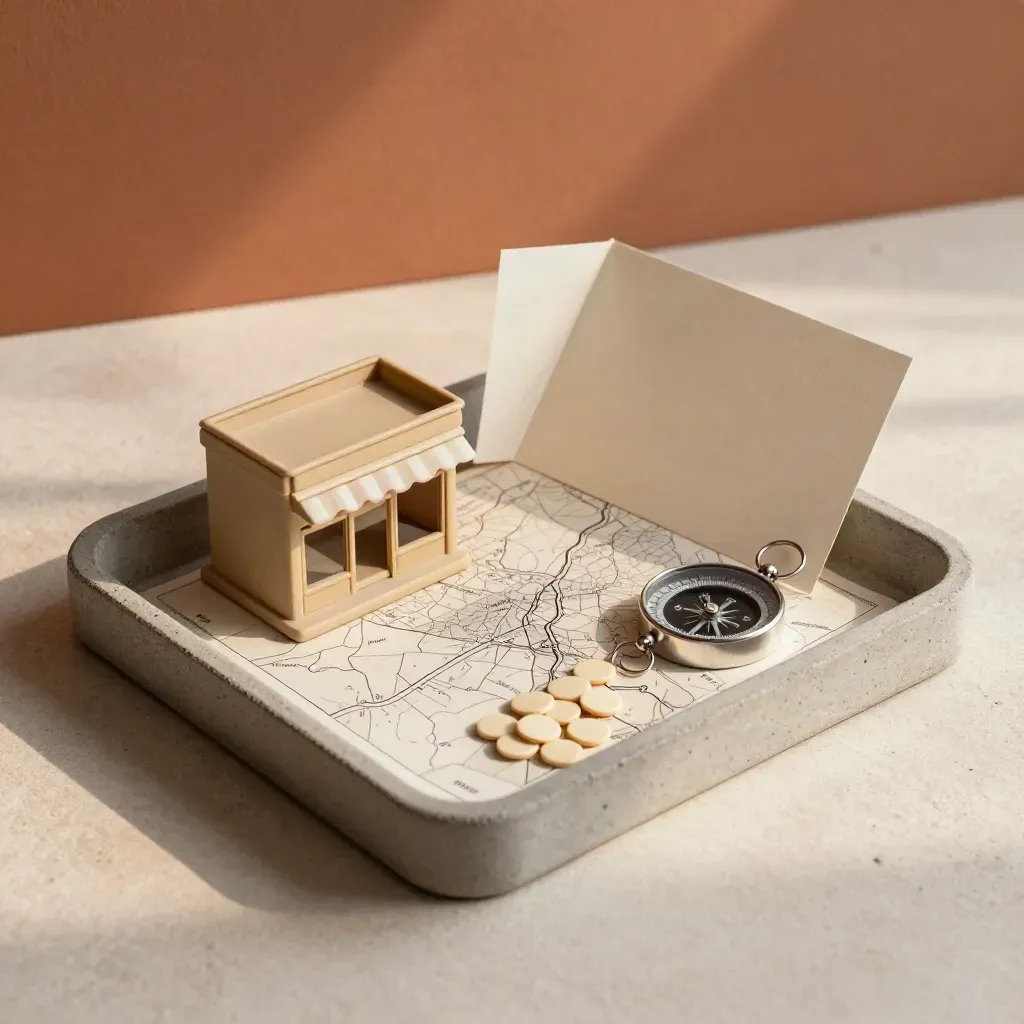 Top-down tray still life of map, storefront model, compass and pricing chips.