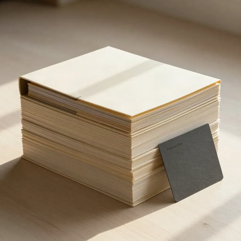 Cream binders, dividers and a legal folder on pale wood with soft side light.
