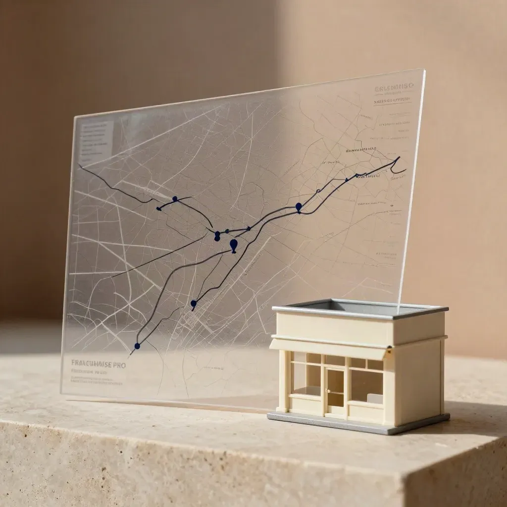 Translucent territory overlays, navy route pins and a small storefront model on pale stone.