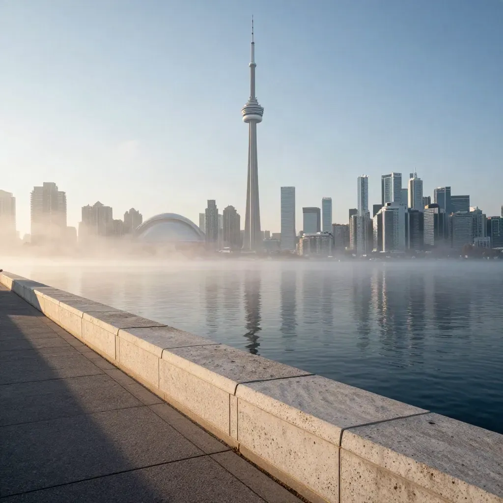 Toronto skyline with CN Tower in blue morning mist above a calm stone waterfront