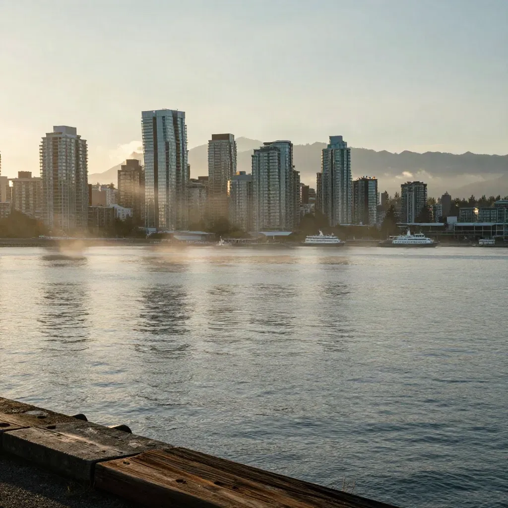 Vancouver skyline and Coast Mountains glowing above misty harbour water.