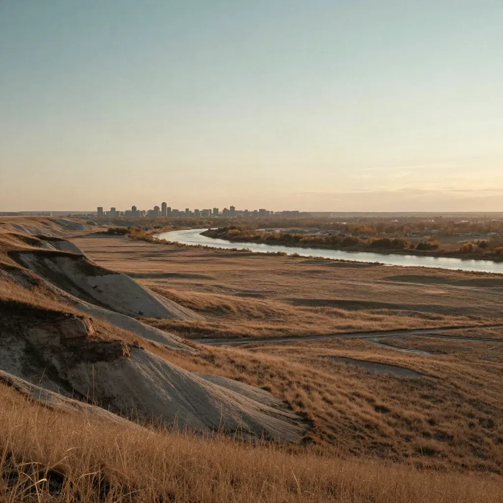 Calgary edge at sunset over Bow River plain, prairie grass, distant skyline, hazy sky