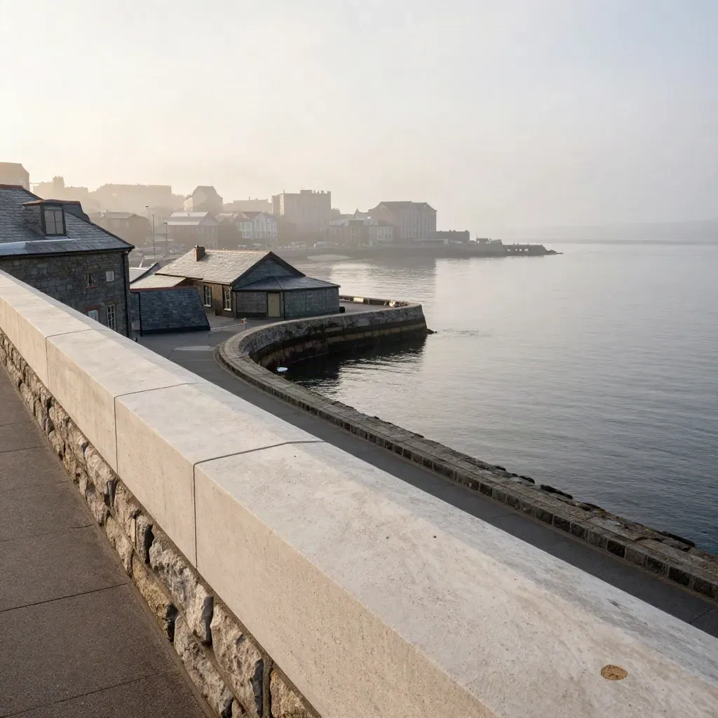 Halifax harbour from a high terrace at dawn, with fog, stone walls, and calm water.
