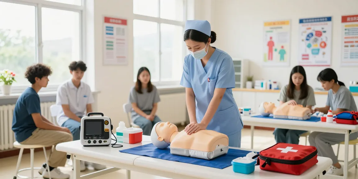 Essential first aid things demonstrated by a nurse during CPR training in a healthcare setting.