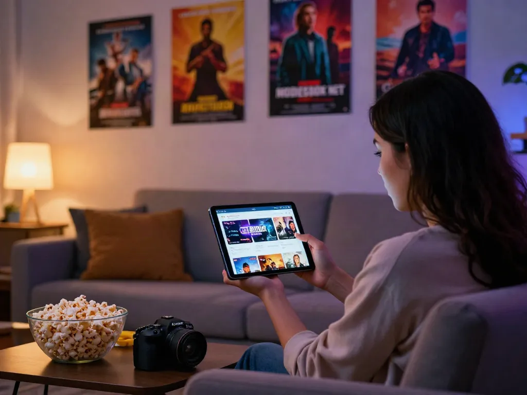 Enjoying MoviesBox Net app on Android in a cozy home setting with snacks.