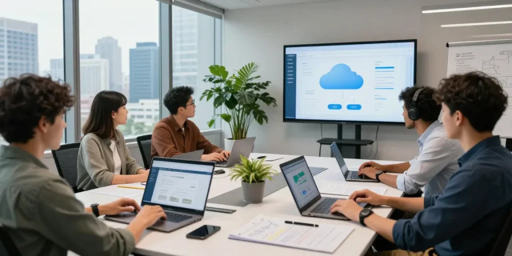 Dynamic collaboration scene showcasing the WPS Official Website in a modern office environment