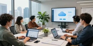 Dynamic collaboration scene showcasing the WPS Official Website in a modern office environment